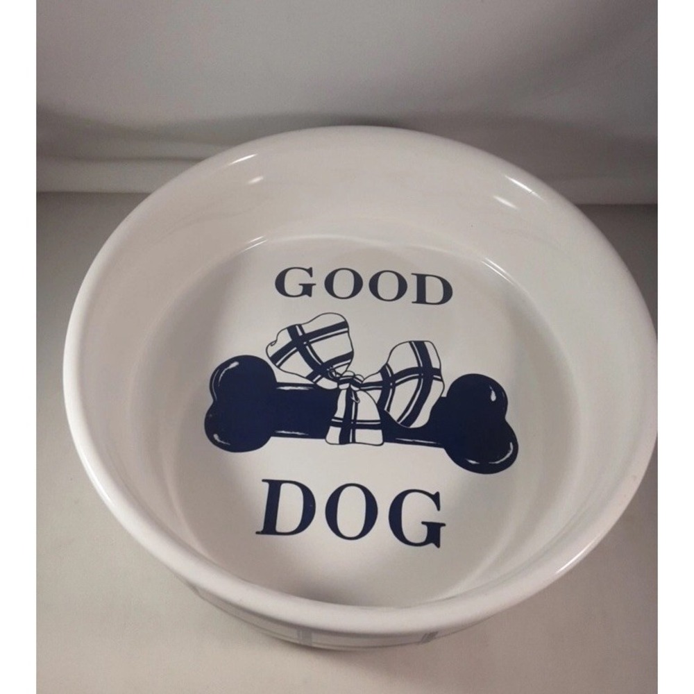 Vtg 9" CURZON Blue & White Ceramic Bone Bow GOOD DOG Pet Food Water BOWL Dish